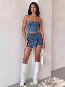Glamine SHEIN Glamour 夏季時尚短版牛仔抹胸上衣 - 中等水洗藍 - 查看 7