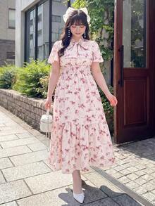 Bijouette 大尺碼女款春夏碎花抽繩蝴蝶結裝飾喇叭裙 收腰修身百搭可愛仙氣長裙 粉色花卉 - 粉色 - 查看 5