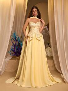 Glamrae Gaun A-Line Bustier Patchwork Manik-Manik Chiffon Kuning Elegan, Gaun Formal Modis untuk Tamu Pernikahan, Pesta Lajang & Makan Malam Formal - Kuning - View 8
