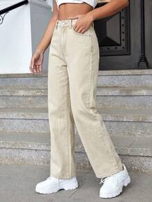 SHEIN ICON 夏季高腰直筒牛仔褲 - 杏色 - 查看 4