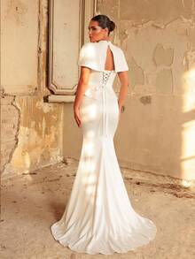 Aureia Elegant Classy Modest Glamorous White All White Satin Mermaid Wedding Formal Evening Dress Corset Sweetheart Cape Stand Collar 3D Floral Lace Fall - White - View 4