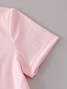 SHEIN Playful Pals 女童休閒可愛圓領標準肩寬彩色波點彩虹印花T恤與純色牛仔裙套裝，夏季返校穿搭 - 粉色 - 查看 10