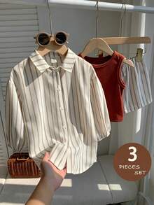 SHEIN LMoss Kids 少女條紋單排扣外套、純色背心上衣與短褲套裝 - 彩色 - 查看 3