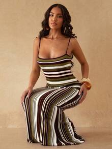 Silquee Women's Striped Colorblock Casual Daily Vacation Cover-Up Camisole Dress - Dark Green - View 6