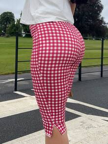kyraskinnerx Women's Red Plaid Knit Elastic Leggings Summer - Red and White - View 4