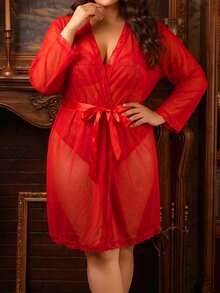 Seduluxe Jumpsuit Berlubang dengan Patchwork Renda Ukuran Besar, Gaun Tidur dengan Sabuk Pinggang, Pakaian Dalam Seksi - Merah - View 3