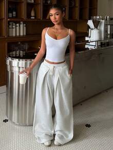 Muchica Women's Autumn/Winter New Light Gray Thermal Lined Pleated Casual Loose Sweatpants For Going Out, Streetwear ,Gray Pants - Light Grey - View 6