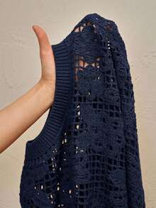 Anewsta Round Neck Short Crochet Asymmetrical Floral Pattern Fitted Cover Up - Royal Blue - View 8