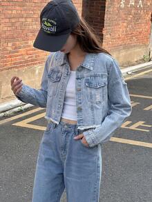 SHEIN Tween Girls Denim Jackets Coats Autumn Winter Vintage Streetwear Casual Light Blue Washed Distressed Fitted Short Jacket Soft Fabric School Holiday - Light Wash - View 4
