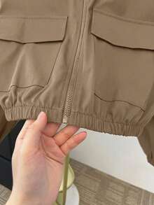 SHEIN 青少年女孩編織純色貼口袋短版寬鬆休閒連帽外套，秋冬款 - 卡其色 - 查看 4