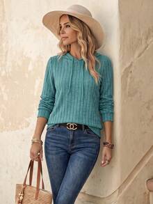EMERY ROSE Women's Casual Everyday Commute Solid Color Ribbed Drawstring Sweatshirt, Spring/Autumn - Teal Blue - View 1