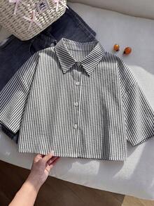 Comfortcana Kemeja Crop Bergaris Kasual Musim Panas Ukuran Besar - Hitam - View 5