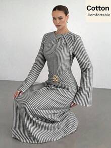 Siren Gaze 女款純色打結設計前襟金屬扣飾喇叭袖長袖洋裝，女款婚禮賓客禮服，女款冬季洋裝 - 黑與白 - 查看 3