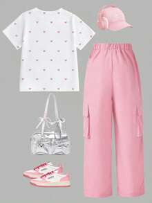 SHEIN 青少年女孩休閒簡約百搭愛心印花T恤與工裝褲兩件套，春/秋季 - 彩色 - 查看 2