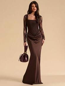 SHEIN BAE Brown Lace Halter Neck High Slit Dress, Suitable For Cocktail Party, Romantic Date, Party, Wedding Bridesmaid Dress, Evening Out Dress - Brown - View 1