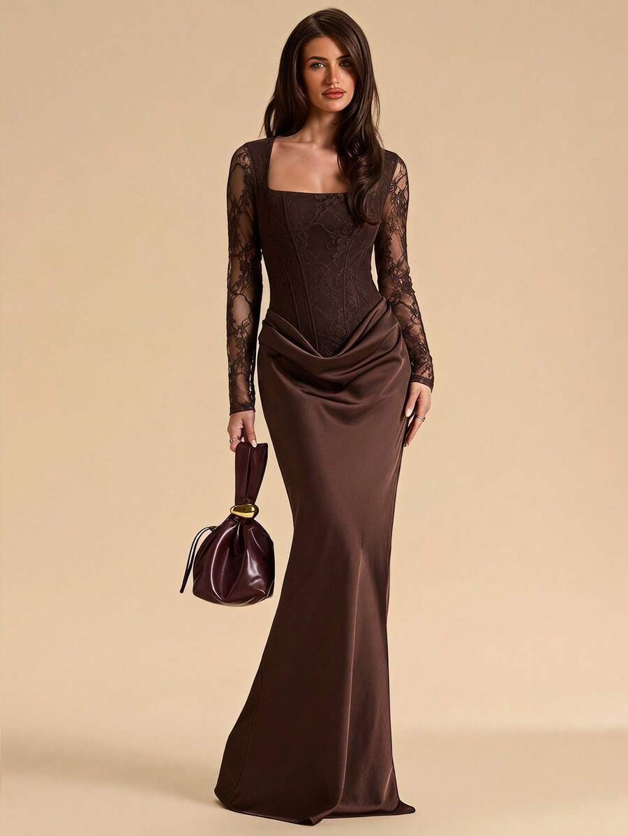 SHEIN BAE Brown Lace Halter Neck High Slit Dress, Suitable For Cocktail Party, Romantic Date, Party, Wedding Bridesmaid Dress, Evening Out Dress - Brown - View 1