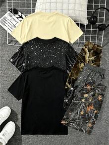 隨機贈送 3 款中的 1 套：街頭仿鑽印花、男孩圖案印花、動漫卡通男孩休閒舒適全印花短袖短褲套裝，日常穿著，適合春夏 - 彩色 - 查看 2