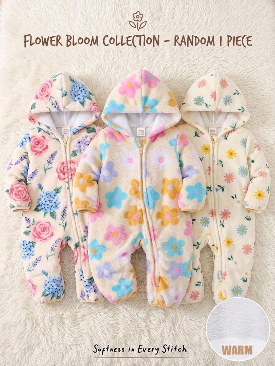 Cozy Pixies 女嬰花卉彩色可愛保暖毛茸茸加厚抓絨內裡連帽拉鍊長袖連身衣 冬季連身衣 - 彩色 - 查看 1