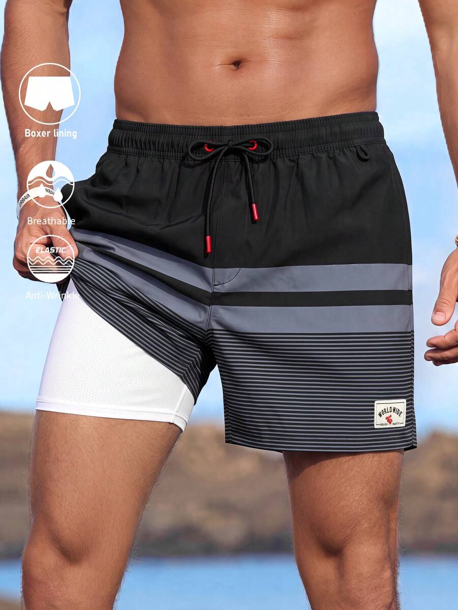 Manfinity KASUA Men Loose Striped Beach Shorts In Vacation Style Milk Silk Lining - Black - View 1
