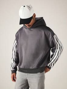 SUMWON Oversized Hoodie With Sleeve Stripe Contrast Detailing Raglan Sleeves Ribbed Hem Pullover Fall Winter Streetwear - Grey - View 1