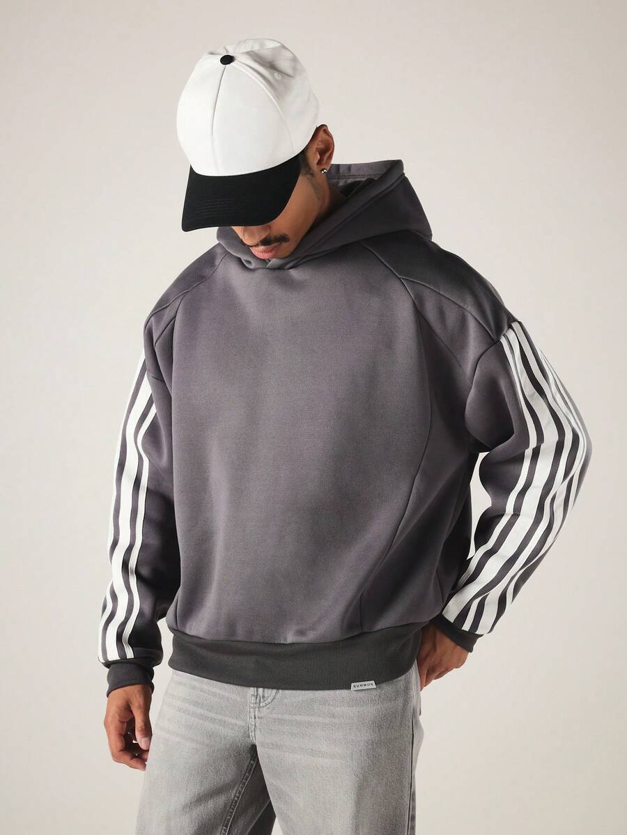 SUMWON Oversized Hoodie With Sleeve Stripe Contrast Detailing Raglan Sleeves Ribbed Hem Pullover Fall Winter Streetwear - Grey - View 1
