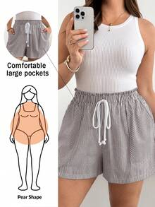 Shapeblank Plus Size Women's Striped Casual Versatile Daily Shorts - Coffee Brown - View 2