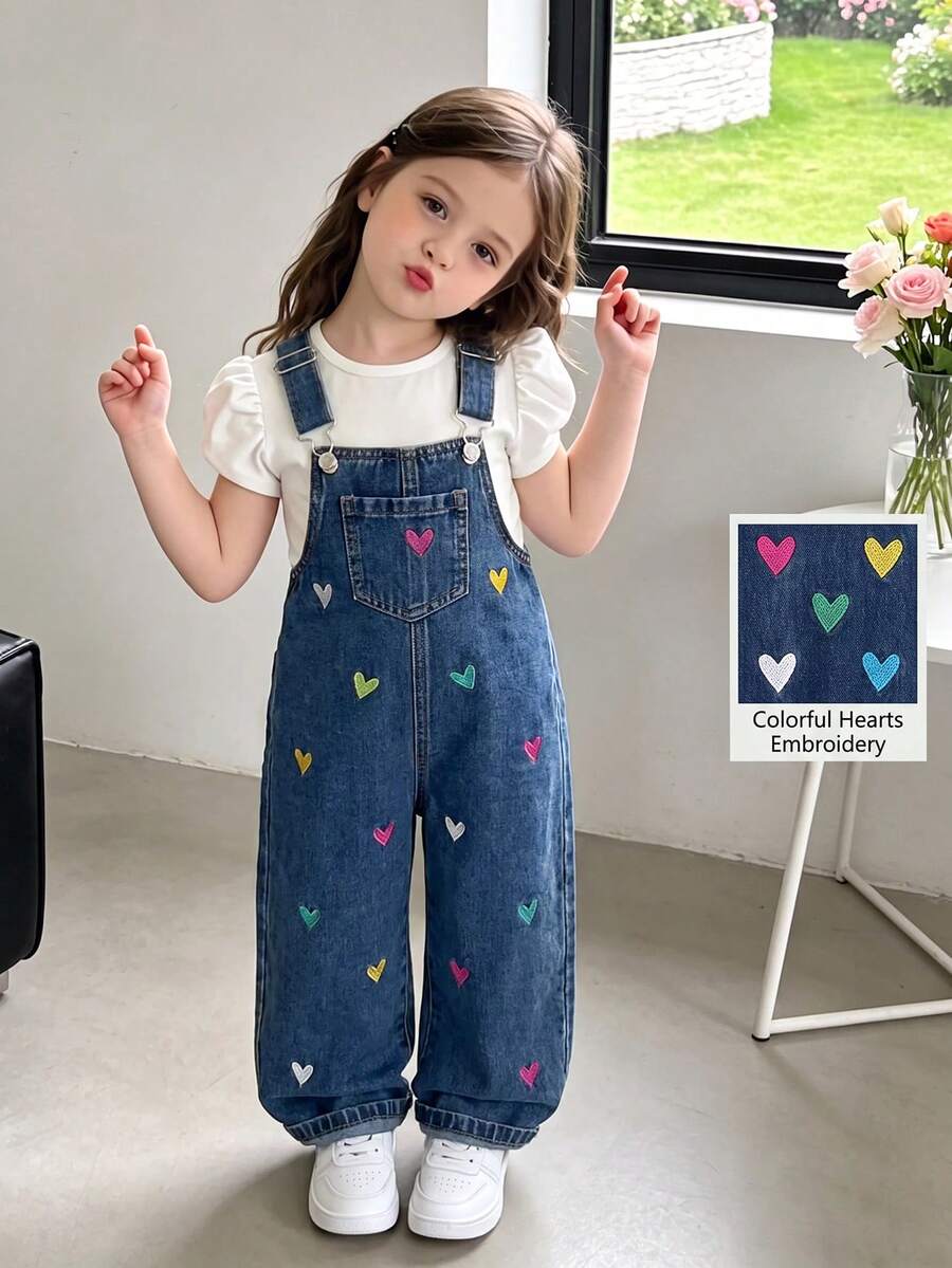 SHEIN 女童彩色愛心刺繡圖案深藍色牛仔寬鬆背帶褲 開學季牛仔女孩風 - 藍色 - 查看 1