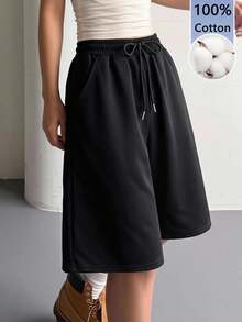 SHEIN EZwear 黑色針織女款抽繩腰口袋休閒寬鬆短褲 - 黑色 - 查看 2