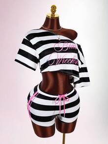 Amplova Asymmetric Neck Fitted Cropped Top With 5-Point Sleeves, Ultra Low Waist Colorblock Striped Y2K Slogan Black & White 2 Pieces Set For Women - Black - View 9