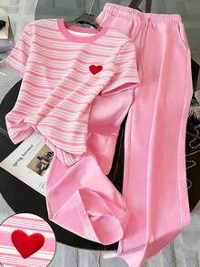 SHEIN 青少年女孩 T-Shirt 套裝 針織粉色條紋短袖 T-Shirt 與長褲休閒兩件套 - 粉色 - 查看 2