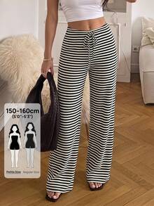 SHEIN PETITE Women Pants Vacation Black And White Striped Checkered Summer Boho Casual Holiday - Black and White - View 4
