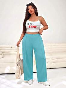 SHEIN EZwear 女款大尺碼鴨藍色純色高腰寬腿鬆身長褲 - 水鴨藍 - 查看 8