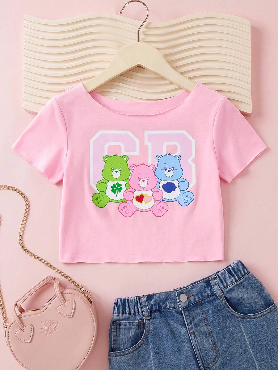 SHEIN X Care Bears Tween Girl Cute Fashion Cartoon Pattern Print Short Sleeve T-Shirt - Pink - View 1