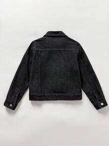 SHEIN Bolty Tween Boy Fashion Casual Y2k Vintage Cool Street Basic And Cut Out Ripped Frayed Simple Black Denim With Holes And Red Patchwork Christmas Elements Loose Long-Sleeved Denim Jacket For Dailywear And Rave Festival And Streetwear - Black - View 2
