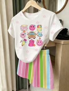 (Patrón Aleatorio, 1 Set Aleatorio) Camiseta Corta Básica & Shorts para Niñas Jóvenes con Patrón de Rayas, Cara de Dibujos Animados, Parches de Corazón y Lazo en Púrpura & Rosa Fresco - Multicolor - Ver 4