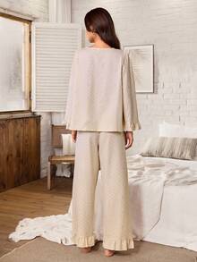 Serenescape Vacation Style Printed V-Neck Lace Trim Long Sleeve Loose Pants Women's Pajama Set - Multicolor - View 2