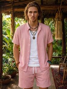 Alderstead Men's Plus Size Summer Pink Casual Solid Color Short Sleeve Shirt And Shorts Set,Beach Party Pool Holiday Vacation Hawaii Tropical Swim Bathing Outfit - Pink - View 3