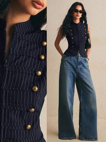 Poéselle Women's Striped Button Design Zipper Placket Vest Jacket - Navy Blue - View 1
