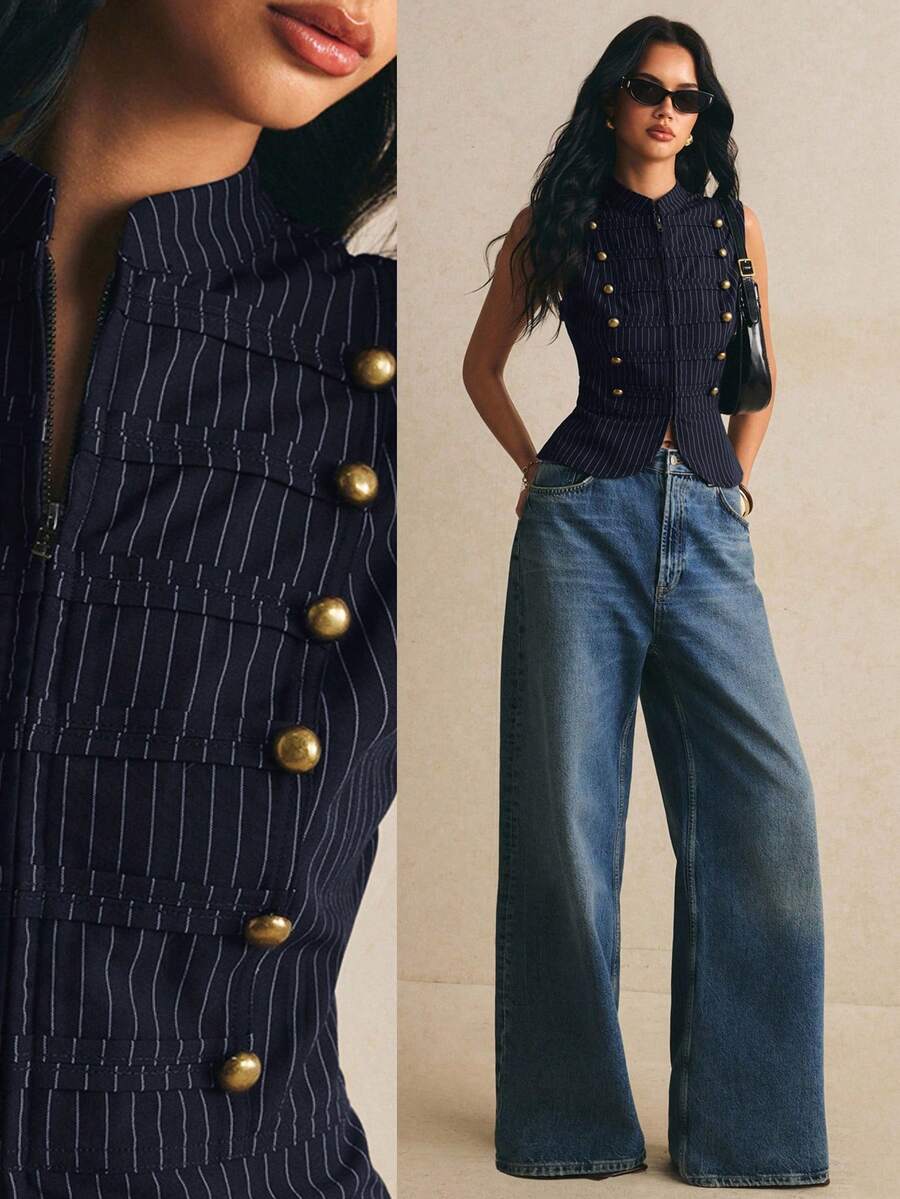Poéselle Women's Striped Button Design Zipper Placket Vest Jacket - Navy Blue - View 1