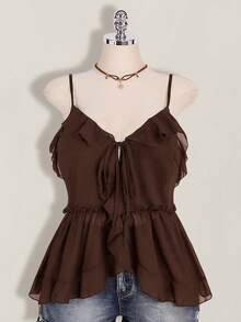 SHEIN ICON Plus Size Women's Ruffle Chiffon Solid Color Tie Strap Camisole - Brown - View 7