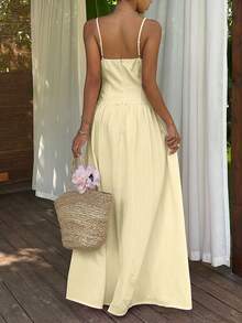 Sunnyshic Women's Solid Color Knot Design Elegant Spaghetti Strap Dress - Light Yellow - View 2