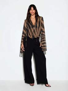 KIZN Sheer Zebra Print V-Neck Blouse With Flared Bell Sleeves And Tie Front Detail - Brown - View 4