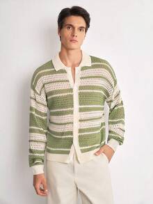 Manfinity LEGND Men's Colorblock Casual Versatile Daily Wear Cardigan Holiday Festival Autumn Streetwear Winter - Green - View 3