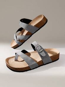 Solecia Sandal Pantai Kasual Wanita dengan Gesper yang Dapat Diatur untuk Sepatu Musim Panas Natal - Flanel abu-abu - View 11