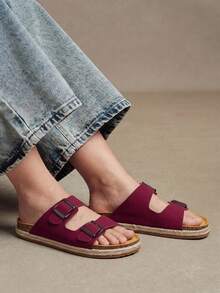 Solecia Sandal Musim Panas Wanita Terbaru dengan Sol Tali Rami, Model Slip-On dengan Hiasan Gesper Sabuk, Sandal Pantai Modis - Burgundy - View 9