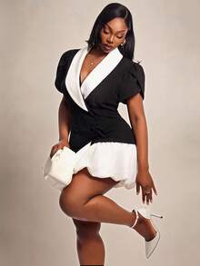 Radiana Curve Plus Size Women's Autumn French Style Fashion Elegant Black & White Contrast Color Petal Sleeve & Ruffle Hem Blazer Dress - Black and White - View 2