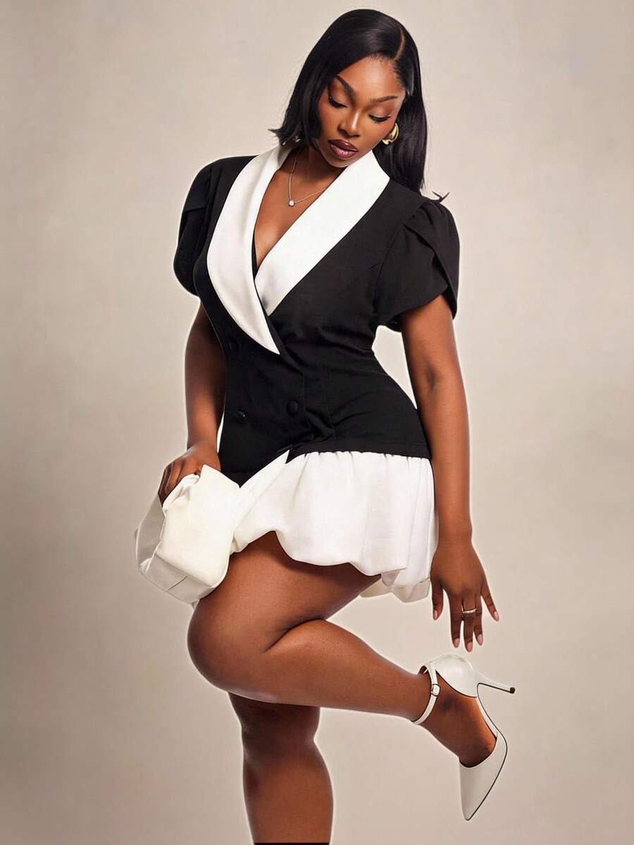 Radiana Curve Plus Size Women's Autumn French Style Fashion Elegant Black & White Contrast Color Petal Sleeve & Ruffle Hem Blazer Dress