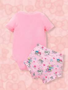 HELLO KITTY AND FRIENDS | SHEIN 女婴可爱粉色连体衣和荷叶边短裤 - 彩色 - 查看 2