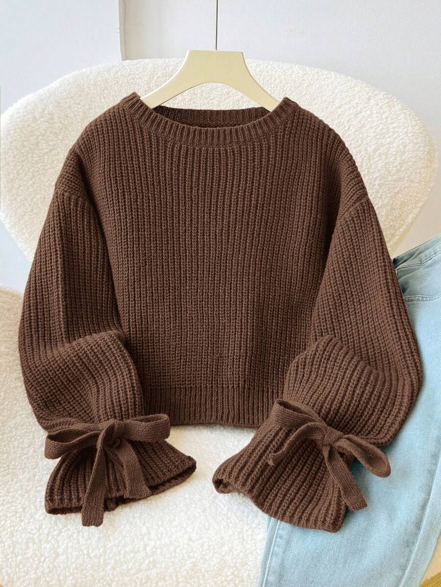 SHEIN Tween女孩純色圓領休閒日常長袖秋冬針織衫 - 棕色 - 查看 1