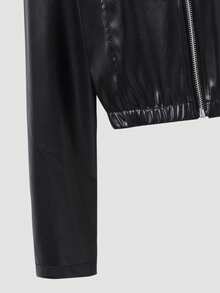 SHEIN Jaket Kulit PU untuk Remaja Perempuan, Jaket Motor Pendek Hitam, Modis untuk Kembali ke Sekolah di Musim Gugur - Hitam - View 4
